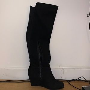 Black suede wedged knee high boots